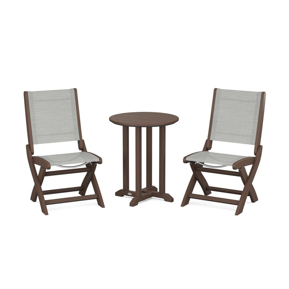 POLYWOOD® Outdoor Furniture Mahogany / Metallic Sling POLYWOOD® - Coastal Folding Side Chair 3-Piece Round Bistro Dining Set - PWS1296