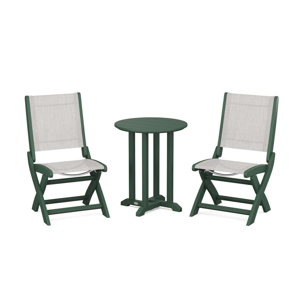 POLYWOOD® Outdoor Furniture Green / Parchment Sling POLYWOOD® - Coastal Folding Side Chair 3-Piece Round Bistro Dining Set - PWS1296