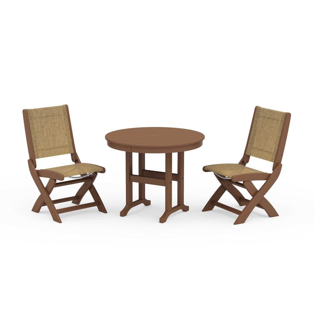 POLYWOOD® Outdoor Furniture Teak / Burlap Sling POLYWOOD® - Coastal Folding Side Chair 3-Piece Round Dining Set - PWS1329