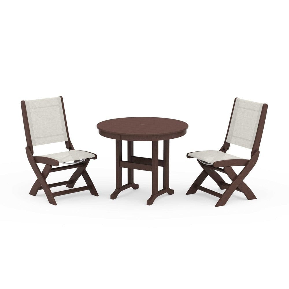 POLYWOOD® Outdoor Furniture Mahogany / Parchment Sling POLYWOOD® - Coastal Folding Side Chair 3-Piece Round Dining Set - PWS1329
