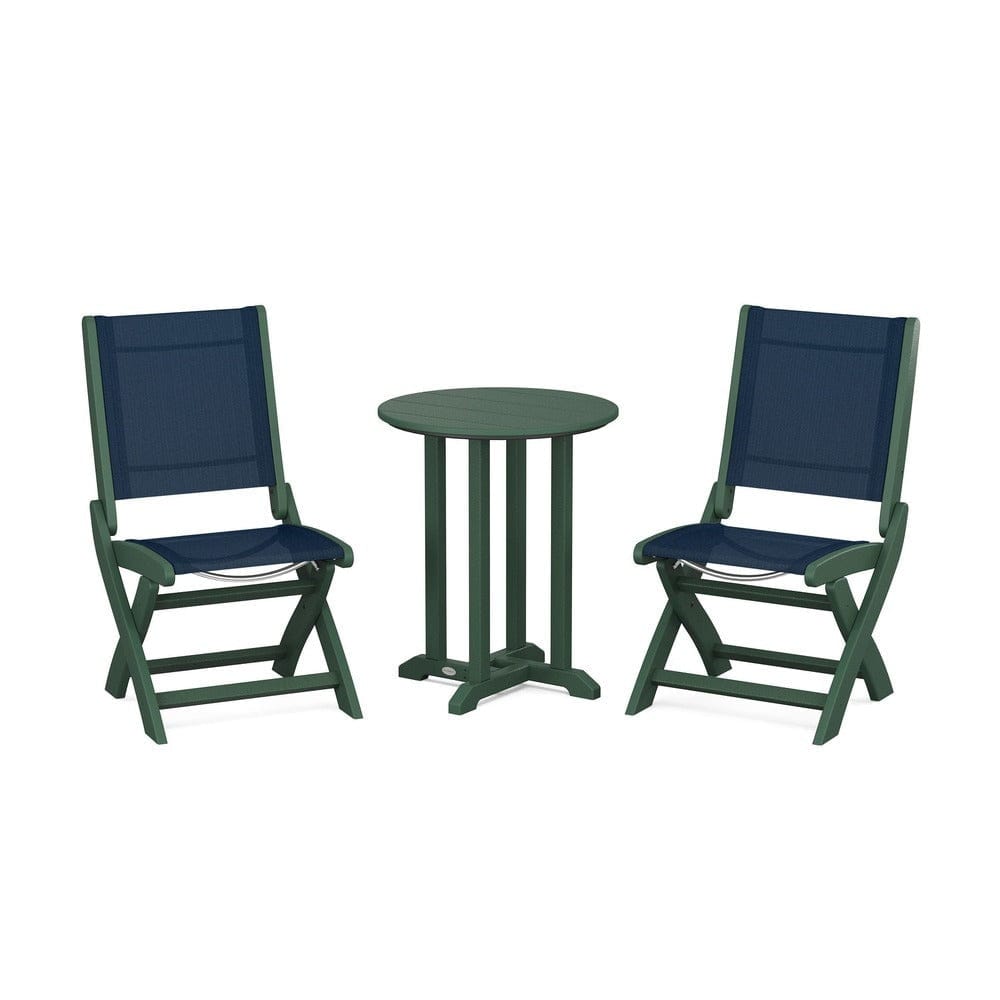 POLYWOOD® Outdoor Furniture Green / Navy Blue Sling POLYWOOD® - Coastal Folding Side Chair 3-Piece Round Bistro Dining Set - PWS1296