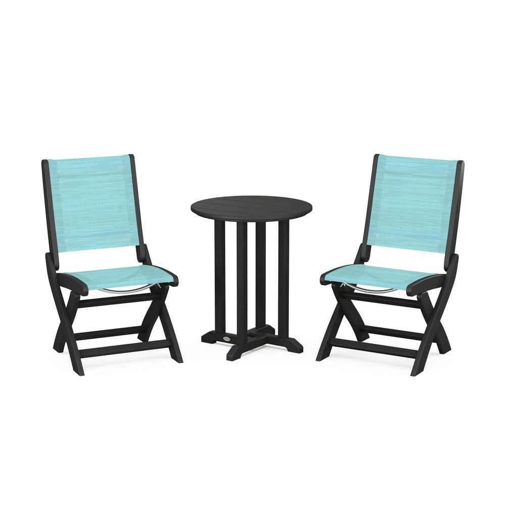 POLYWOOD® Outdoor Furniture Black / Dupioni Aquamarine Sling POLYWOOD® - Coastal Folding Side Chair 3-Piece Round Bistro Dining Set - PWS1296