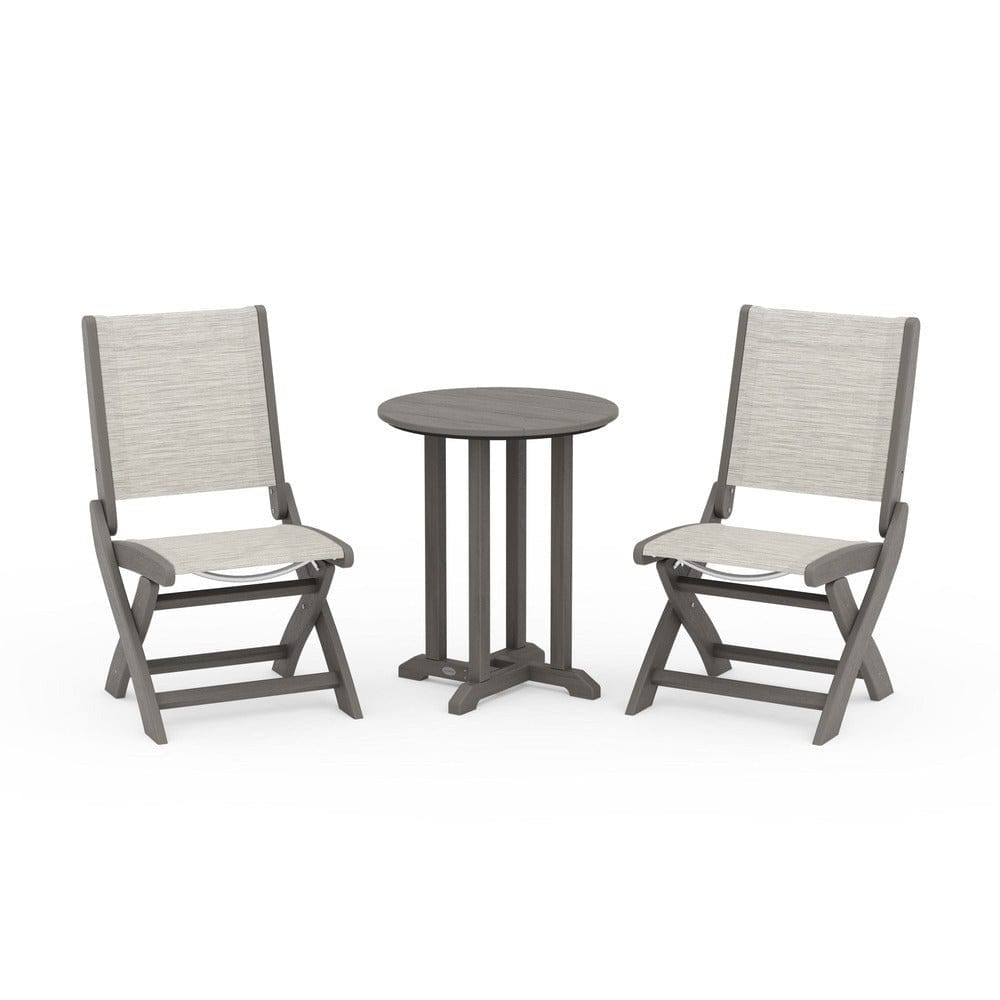 POLYWOOD® Outdoor Furniture Driftwood / Birch Sling POLYWOOD® - Coastal Folding Side Chair 3-Piece Round Bistro Dining Set - PWS1296