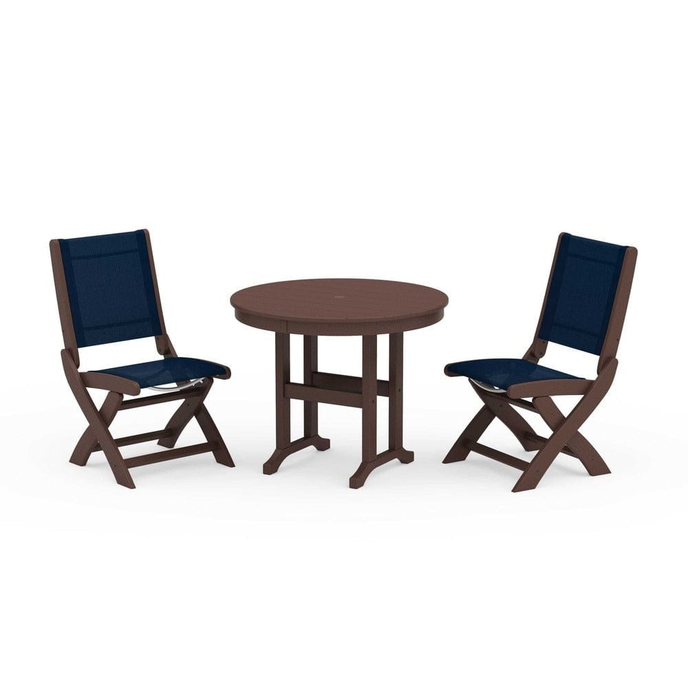 POLYWOOD® Outdoor Furniture Mahogany / Navy Blue Sling POLYWOOD® - Coastal Folding Side Chair 3-Piece Round Dining Set - PWS1329