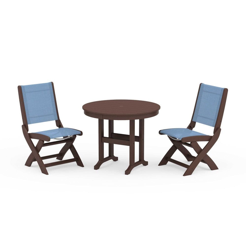 POLYWOOD® Outdoor Furniture Mahogany / Poolside Sling POLYWOOD® - Coastal Folding Side Chair 3-Piece Round Dining Set - PWS1329