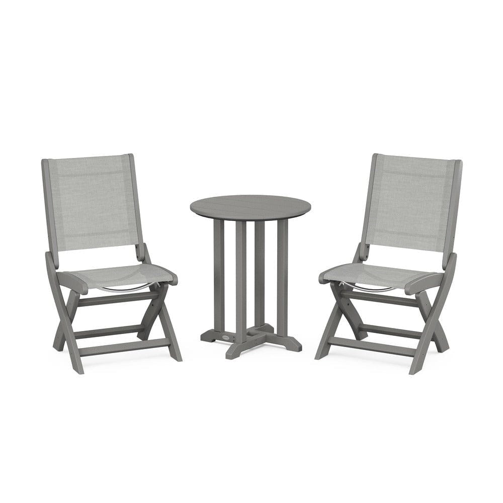 POLYWOOD® Outdoor Furniture Slate Grey / Metallic Sling POLYWOOD® - Coastal Folding Side Chair 3-Piece Round Bistro Dining Set - PWS1296
