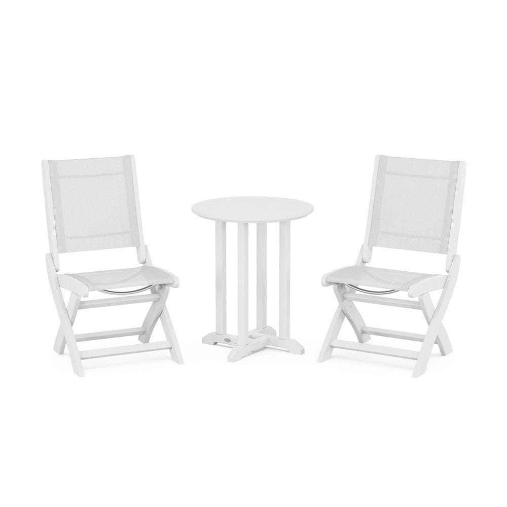 POLYWOOD® Outdoor Furniture White / White Sling POLYWOOD® - Coastal Folding Side Chair 3-Piece Round Bistro Dining Set - PWS1296
