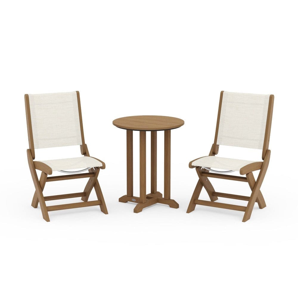 POLYWOOD® Outdoor Furniture Natural / Parchment Sling POLYWOOD® - Coastal Folding Side Chair 3-Piece Round Bistro Dining Set - PWS1296