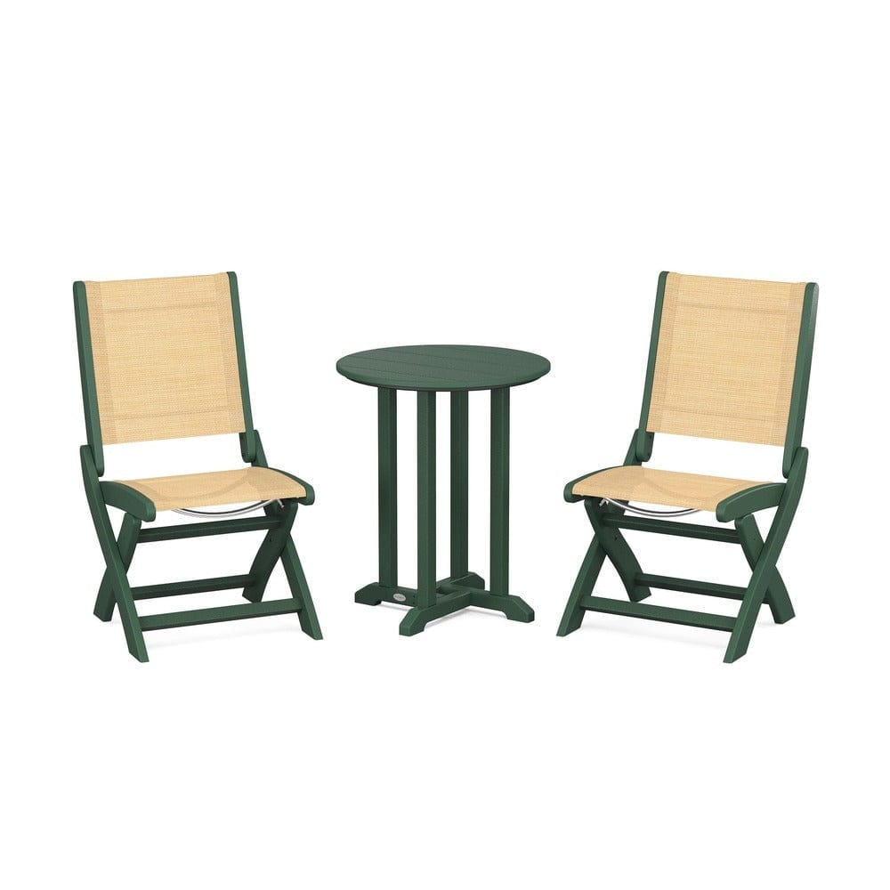 POLYWOOD® Outdoor Furniture Green / Dupioni Apricot Sling POLYWOOD® - Coastal Folding Side Chair 3-Piece Round Bistro Dining Set - PWS1296