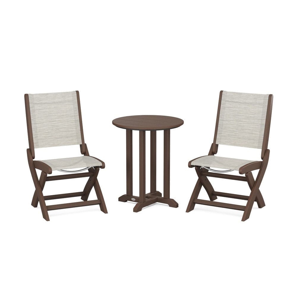POLYWOOD® Outdoor Furniture Mahogany / Birch Sling POLYWOOD® - Coastal Folding Side Chair 3-Piece Round Bistro Dining Set - PWS1296