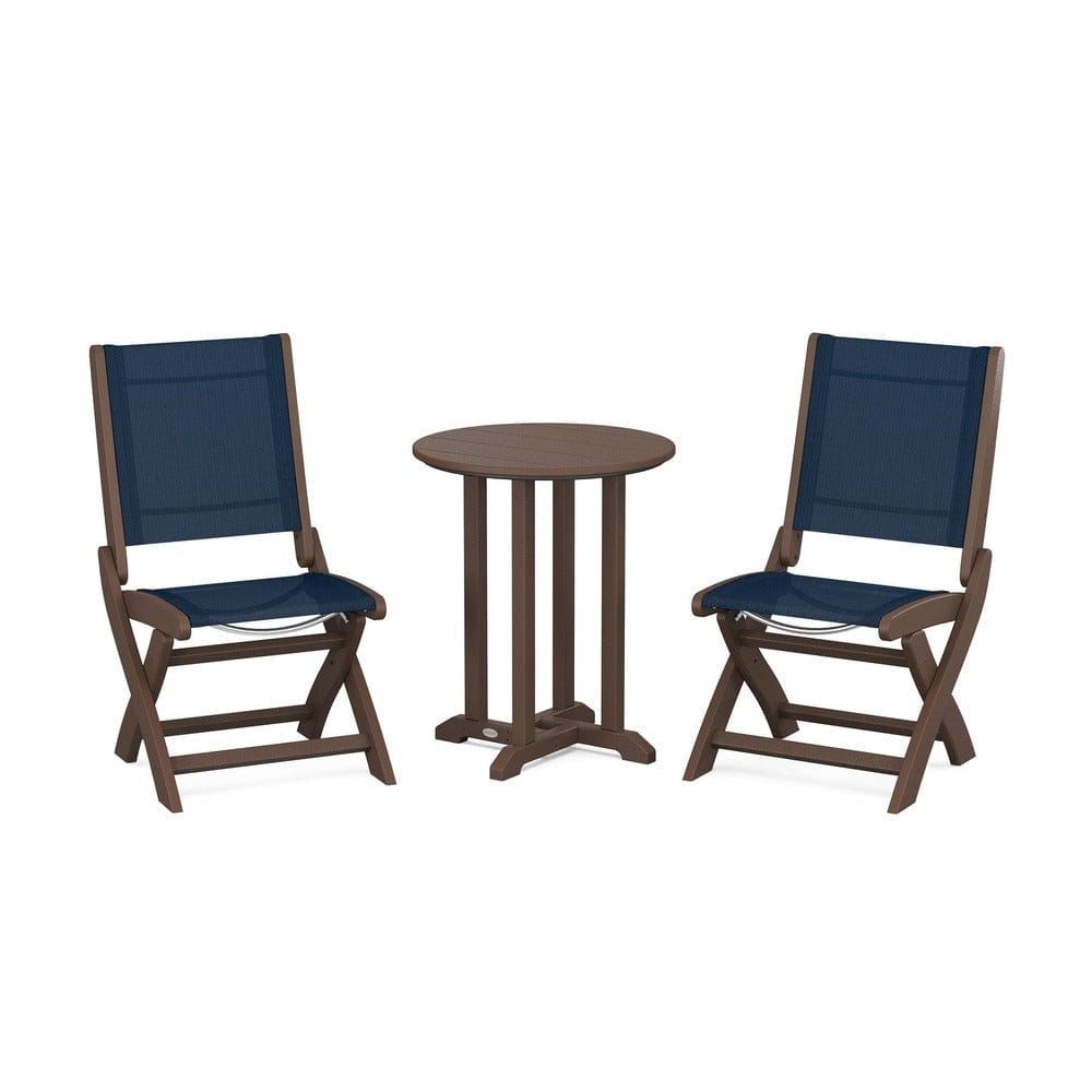 POLYWOOD® Outdoor Furniture Mahogany / Navy Blue Sling POLYWOOD® - Coastal Folding Side Chair 3-Piece Round Bistro Dining Set - PWS1296