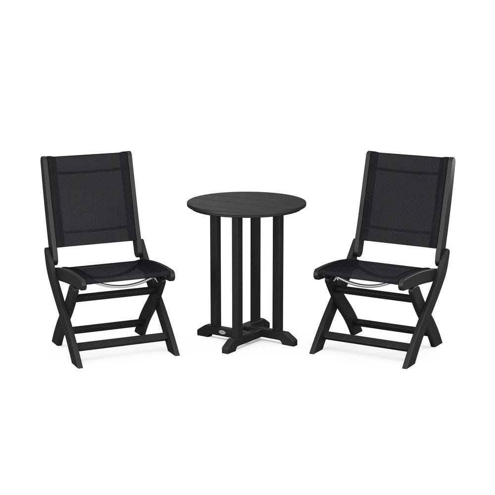 POLYWOOD® Outdoor Furniture Black / Black Sling POLYWOOD® - Coastal Folding Side Chair 3-Piece Round Bistro Dining Set - PWS1296