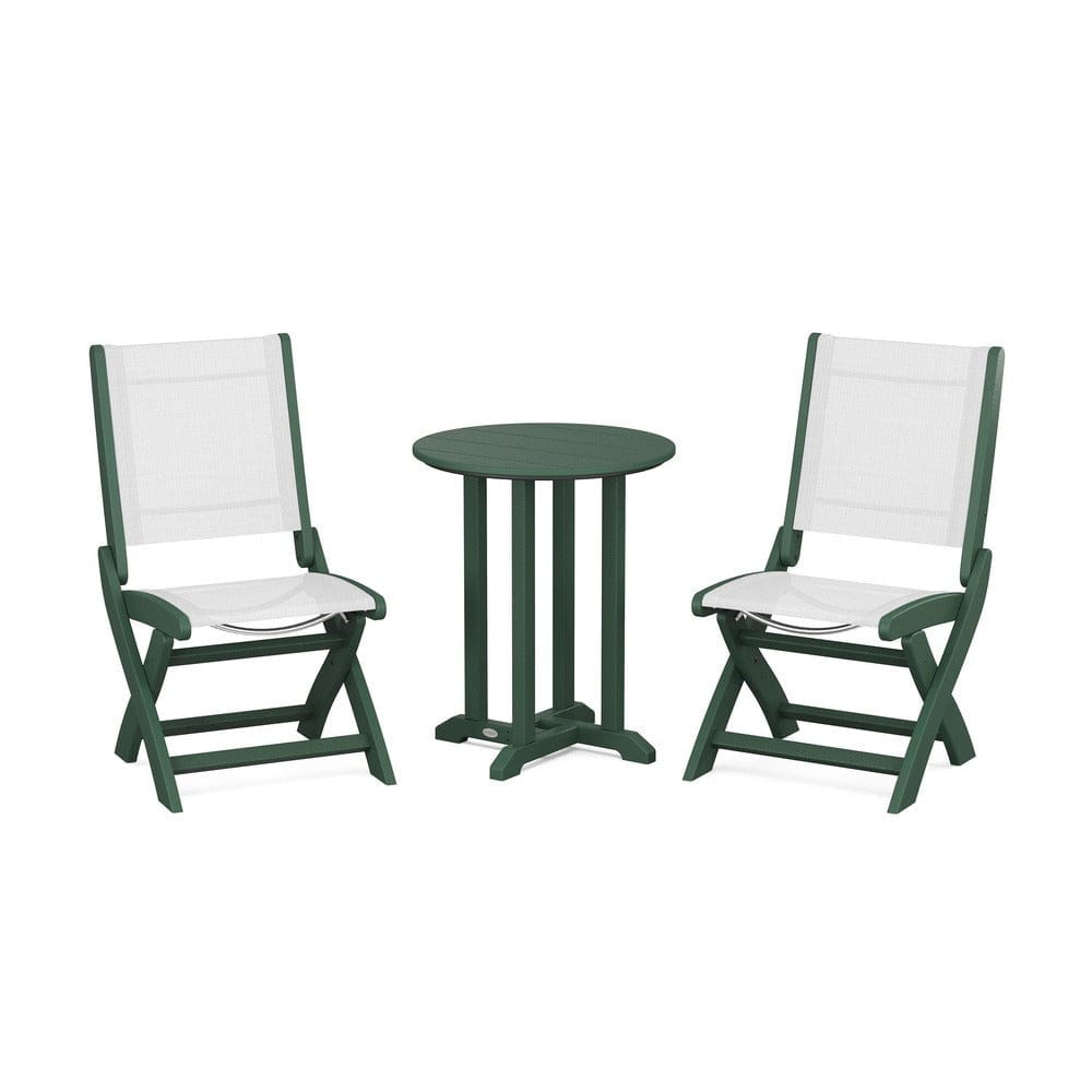 POLYWOOD® Outdoor Furniture Green / White Sling POLYWOOD® - Coastal Folding Side Chair 3-Piece Round Bistro Dining Set - PWS1296