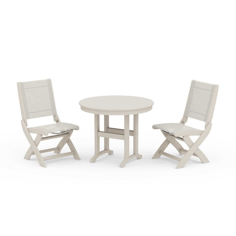 POLYWOOD® Outdoor Furniture Sand / Parchment Sling POLYWOOD® - Coastal Folding Side Chair 3-Piece Round Dining Set - PWS1329