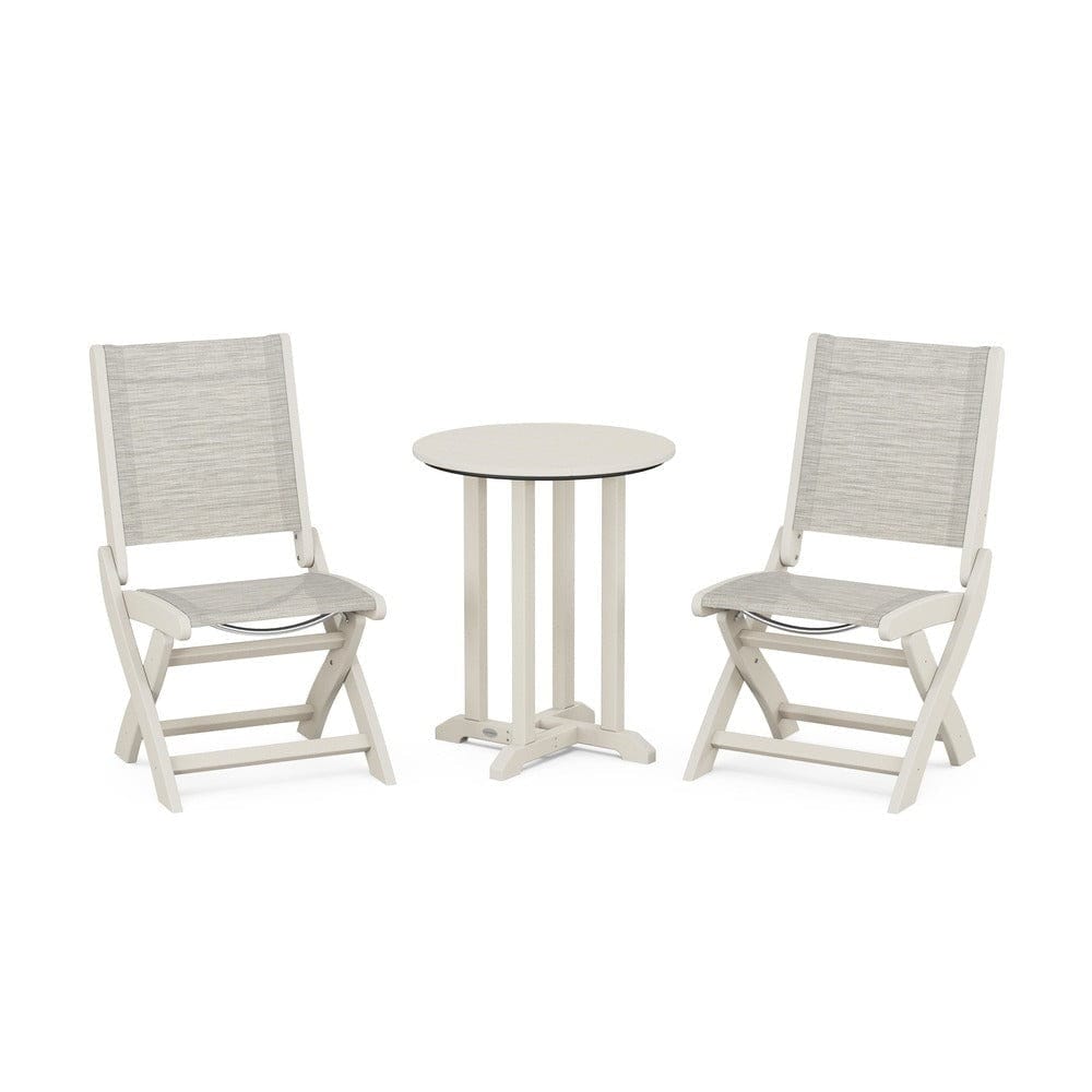 POLYWOOD® Outdoor Furniture Sand / Birch Sling POLYWOOD® - Coastal Folding Side Chair 3-Piece Round Bistro Dining Set - PWS1296