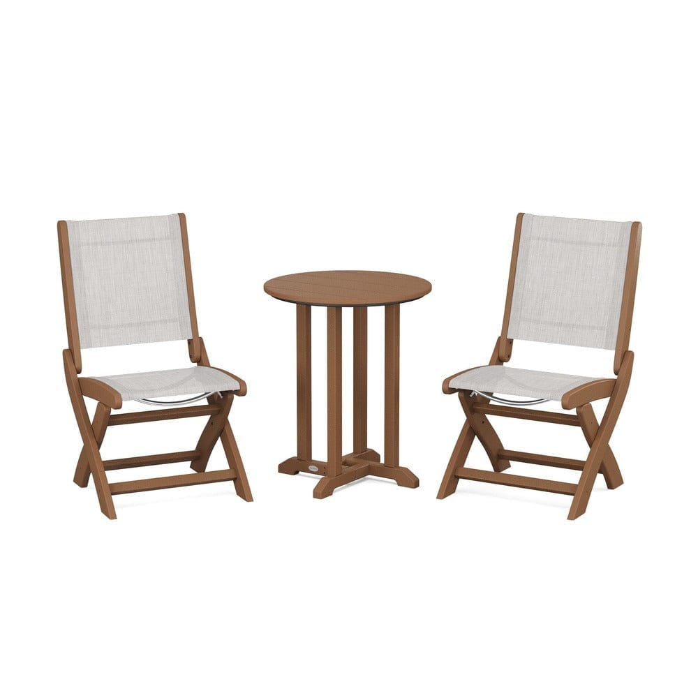 POLYWOOD® Outdoor Furniture Teak / Parchment Sling POLYWOOD® - Coastal Folding Side Chair 3-Piece Round Bistro Dining Set - PWS1296