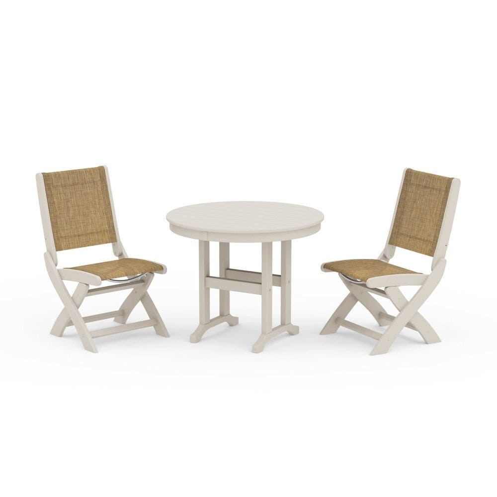 POLYWOOD® Outdoor Furniture Sand / Burlap Sling POLYWOOD® - Coastal Folding Side Chair 3-Piece Round Dining Set - PWS1329