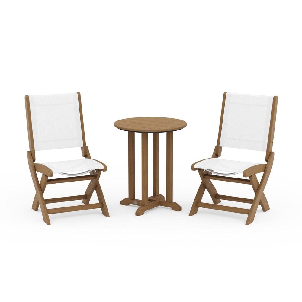 POLYWOOD® Outdoor Furniture Natural / White Sling POLYWOOD® - Coastal Folding Side Chair 3-Piece Round Bistro Dining Set - PWS1296