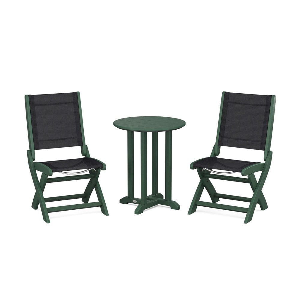 POLYWOOD® Outdoor Furniture Green / Black Sling POLYWOOD® - Coastal Folding Side Chair 3-Piece Round Bistro Dining Set - PWS1296