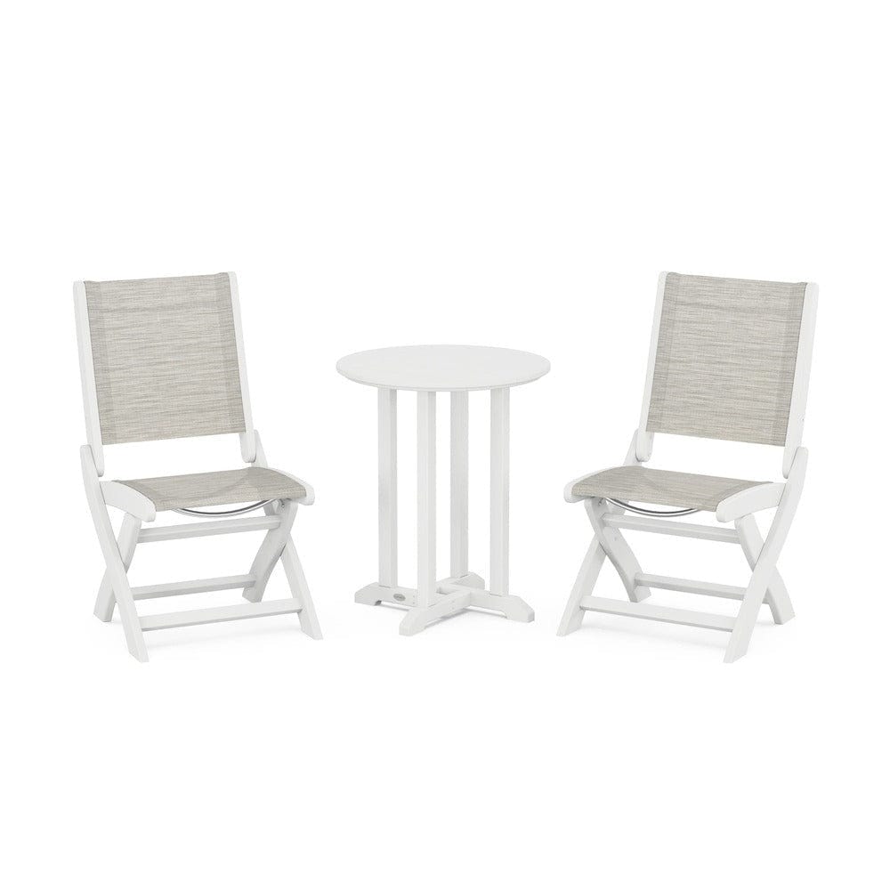 POLYWOOD® Outdoor Furniture White / Birch Sling POLYWOOD® - Coastal Folding Side Chair 3-Piece Round Bistro Dining Set - PWS1296