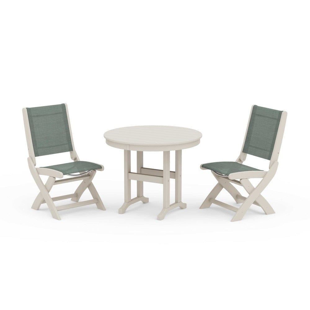 POLYWOOD® Outdoor Furniture Sand / Dupioni Sea Mist Sling POLYWOOD® - Coastal Folding Side Chair 3-Piece Round Dining Set - PWS1329