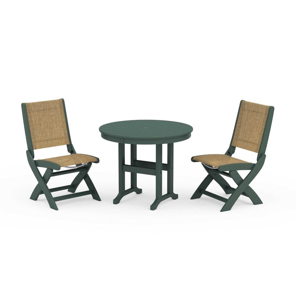 POLYWOOD® Outdoor Furniture Green / Burlap Sling POLYWOOD® - Coastal Folding Side Chair 3-Piece Round Dining Set - PWS1329