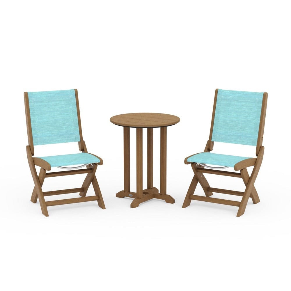 POLYWOOD® Outdoor Furniture Natural / Dupioni Aquamarine Sling POLYWOOD® - Coastal Folding Side Chair 3-Piece Round Bistro Dining Set - PWS1296