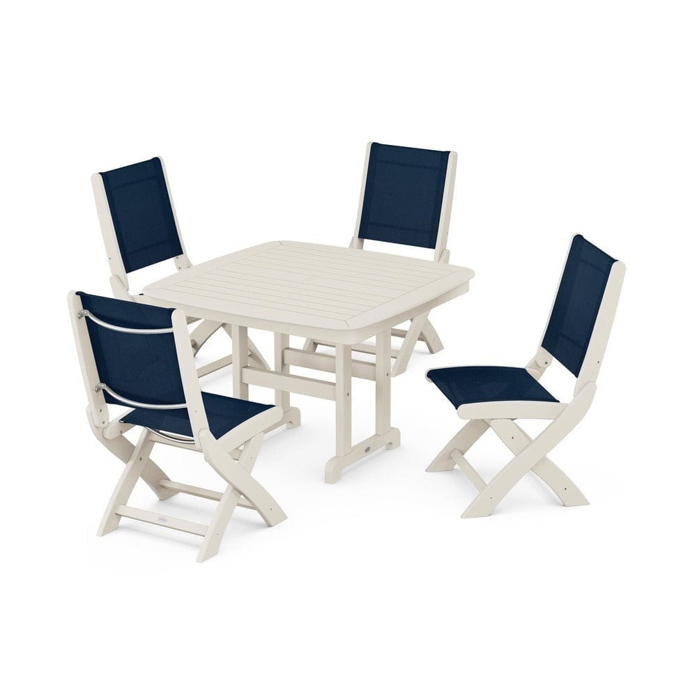 POLYWOOD® Outdoor Furniture Sand / Navy Blue Sling POLYWOOD® - Coastal Folding Side Chair 5-Piece Dining Set - PWS916