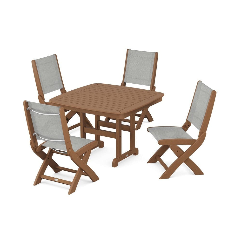 POLYWOOD® Outdoor Furniture Teak / Metallic Sling POLYWOOD® - Coastal Folding Side Chair 5-Piece Dining Set - PWS916
