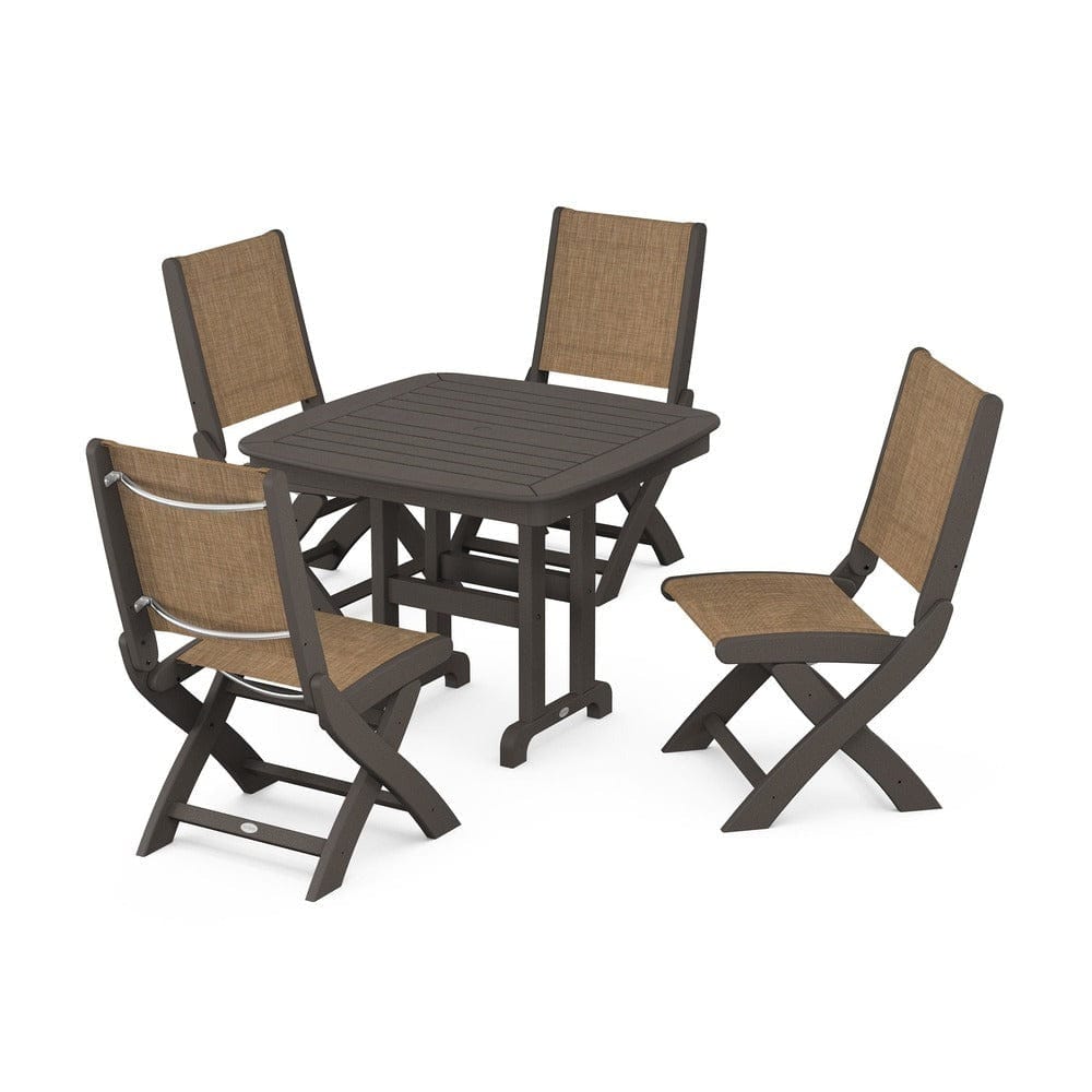 POLYWOOD® Outdoor Furniture Vintage Coffee / Burlap Sling POLYWOOD® - Coastal Folding Side Chair 5-Piece Dining Set - PWS1238