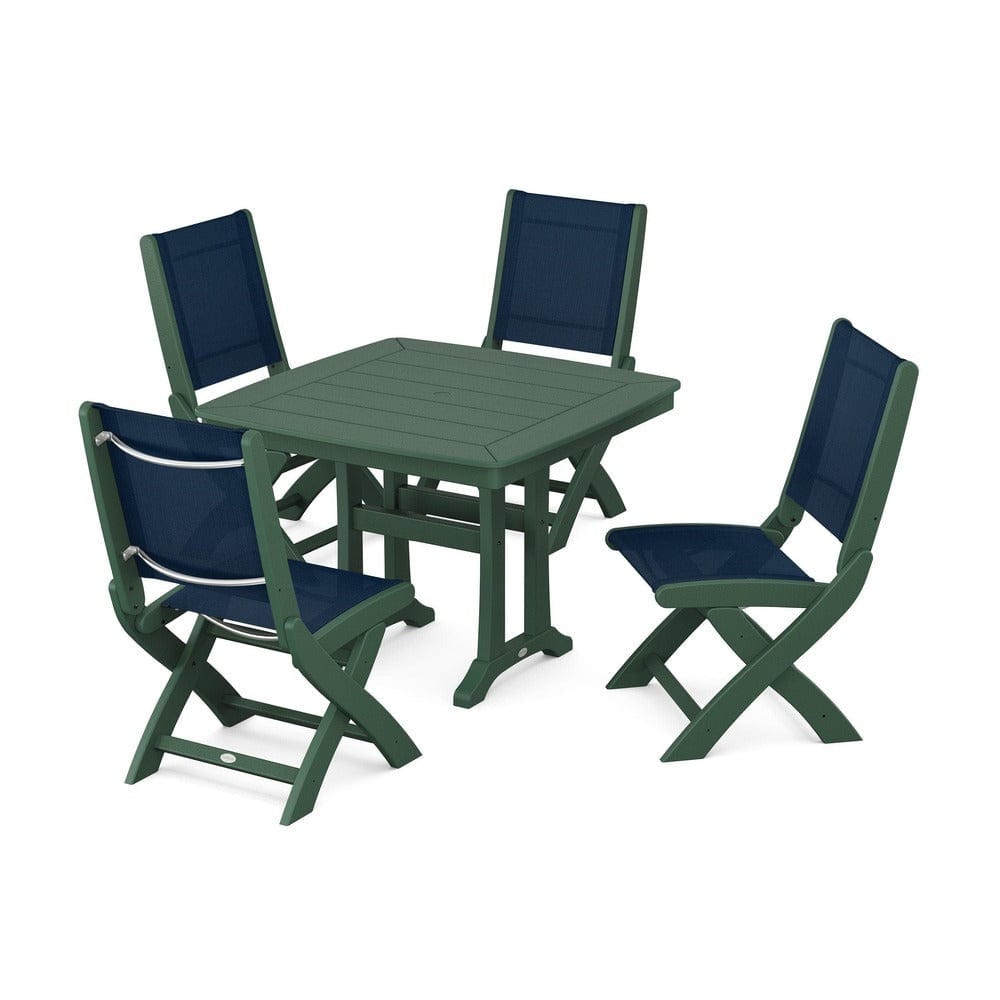 POLYWOOD® Outdoor Furniture Green / Navy Blue Sling POLYWOOD® - Coastal Folding Side Chair 5-Piece Dining Set with Trestle Legs - PWS968