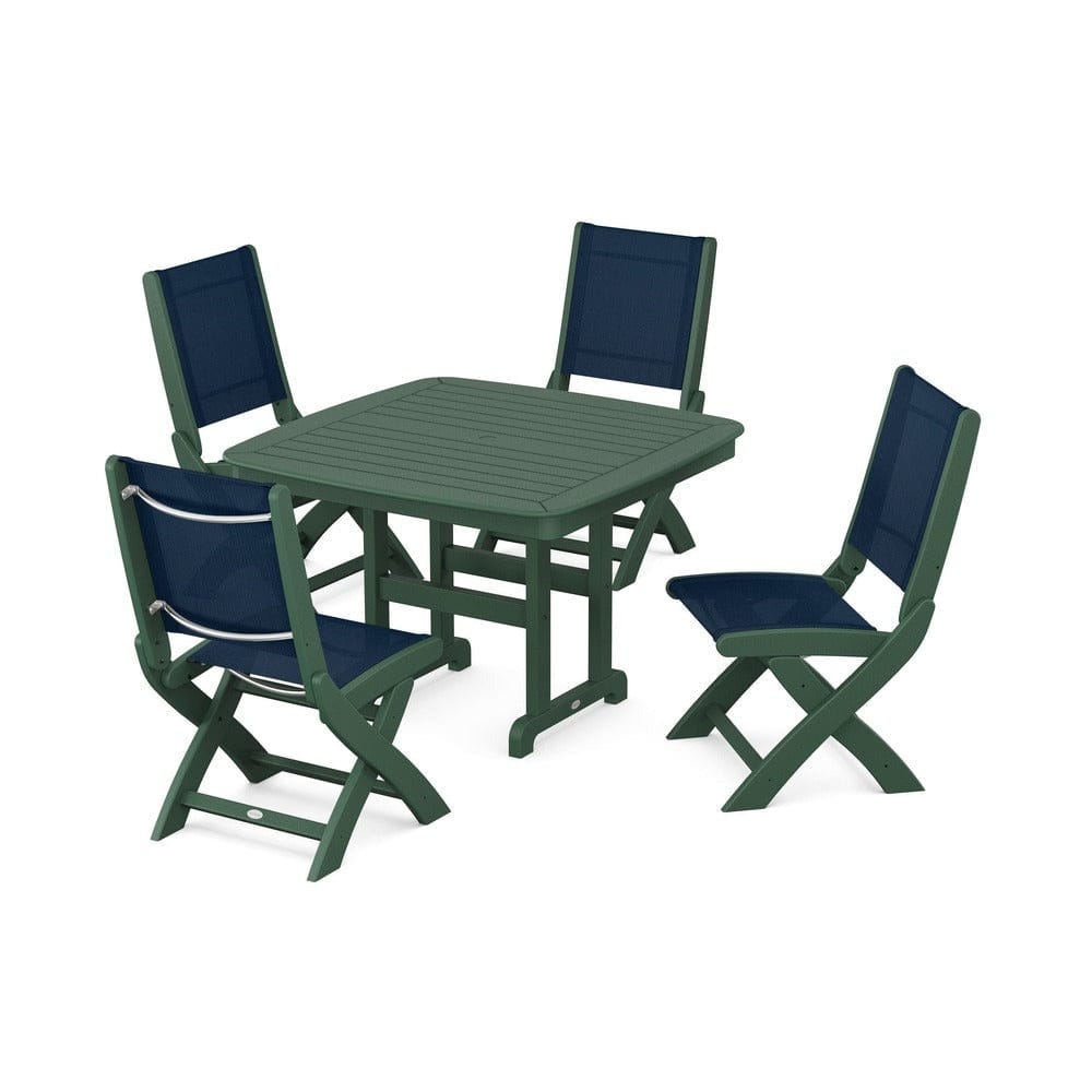 POLYWOOD® Outdoor Furniture Green / Navy Blue Sling POLYWOOD® - Coastal Folding Side Chair 5-Piece Dining Set - PWS916