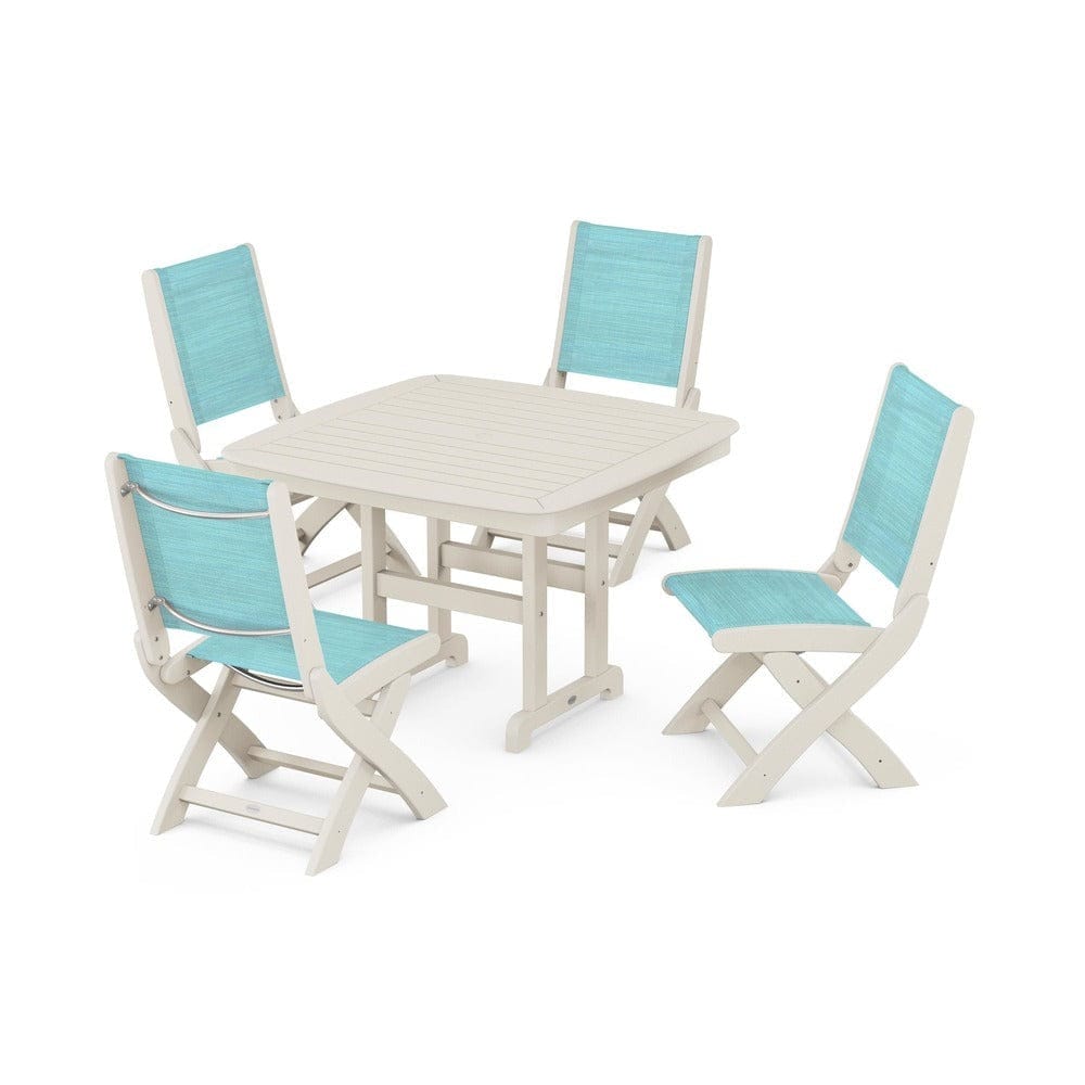 POLYWOOD® Outdoor Furniture Sand / Dupioni Aquamarine Sling POLYWOOD® - Coastal Folding Side Chair 5-Piece Dining Set - PWS916