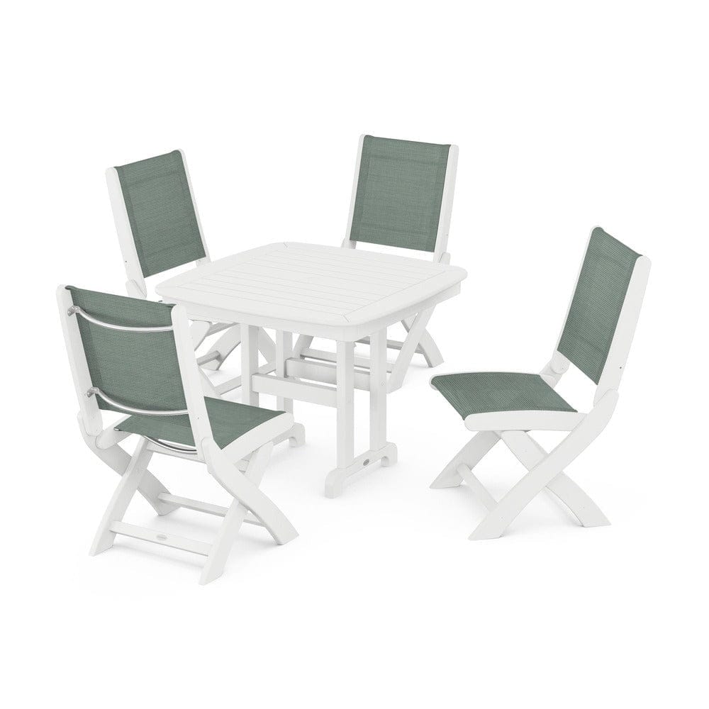 POLYWOOD® Outdoor Furniture White / Dupioni Sea Mist Sling POLYWOOD® - Coastal Folding Side Chair 5-Piece Dining Set - PWS1238