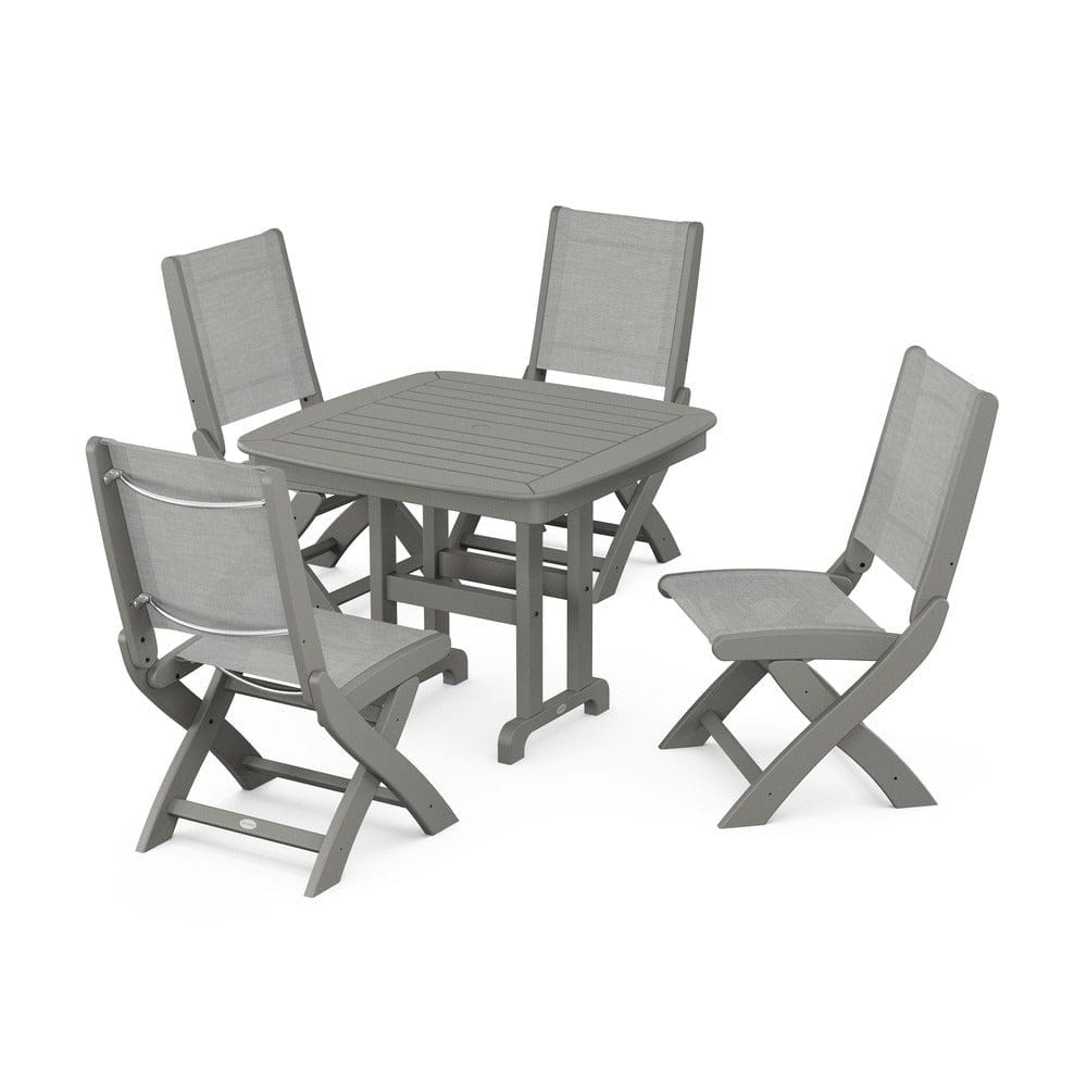 POLYWOOD® Outdoor Furniture Slate Grey / Metallic Sling POLYWOOD® - Coastal Folding Side Chair 5-Piece Dining Set - PWS1238