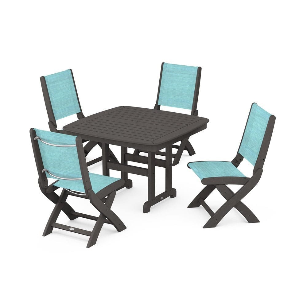 POLYWOOD® Outdoor Furniture Vintage Coffee / Dupioni Aquamarine Sling POLYWOOD® - Coastal Folding Side Chair 5-Piece Dining Set - PWS916