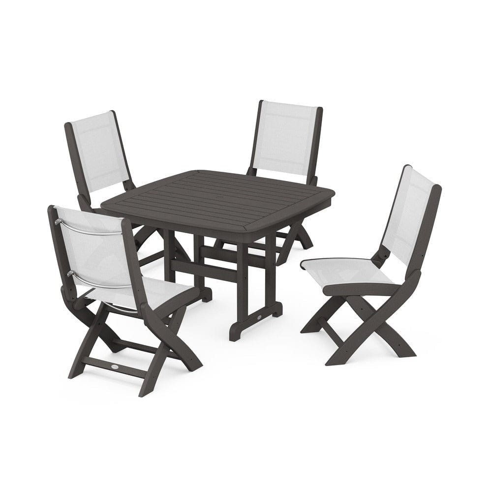 POLYWOOD® Outdoor Furniture Vintage Coffee / White Sling POLYWOOD® - Coastal Folding Side Chair 5-Piece Dining Set - PWS916
