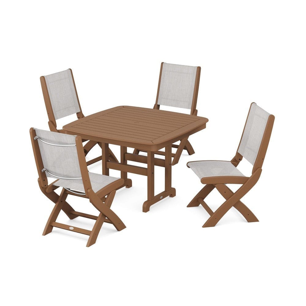 POLYWOOD® Outdoor Furniture Teak / Parchment Sling POLYWOOD® - Coastal Folding Side Chair 5-Piece Dining Set - PWS916
