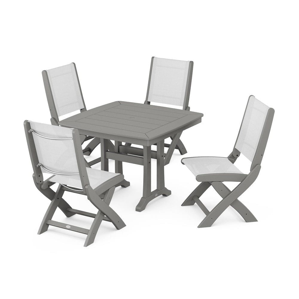 POLYWOOD® Outdoor Furniture Slate Grey / White Sling POLYWOOD® - Coastal Folding Side Chair 5-Piece Dining Set with Trestle Legs - PWS968