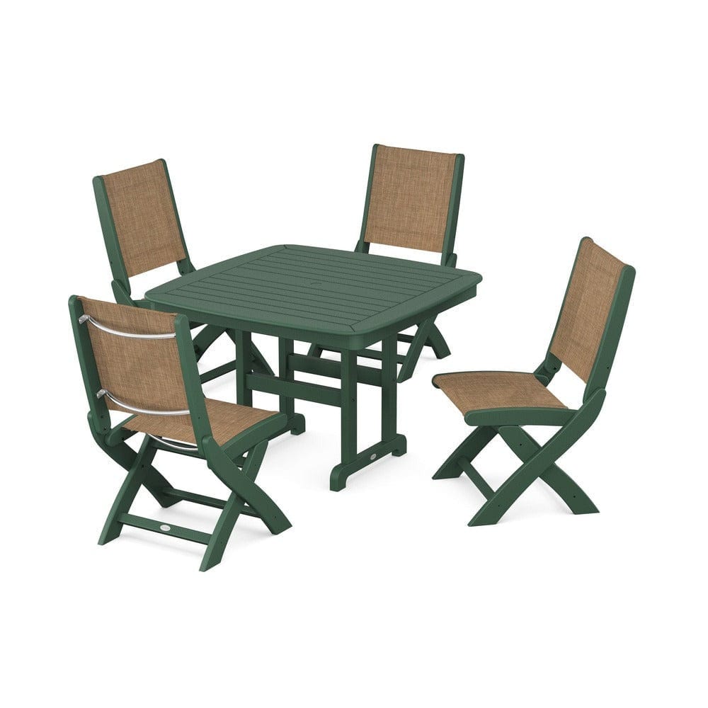 POLYWOOD® Outdoor Furniture Green / Burlap Sling POLYWOOD® - Coastal Folding Side Chair 5-Piece Dining Set - PWS916