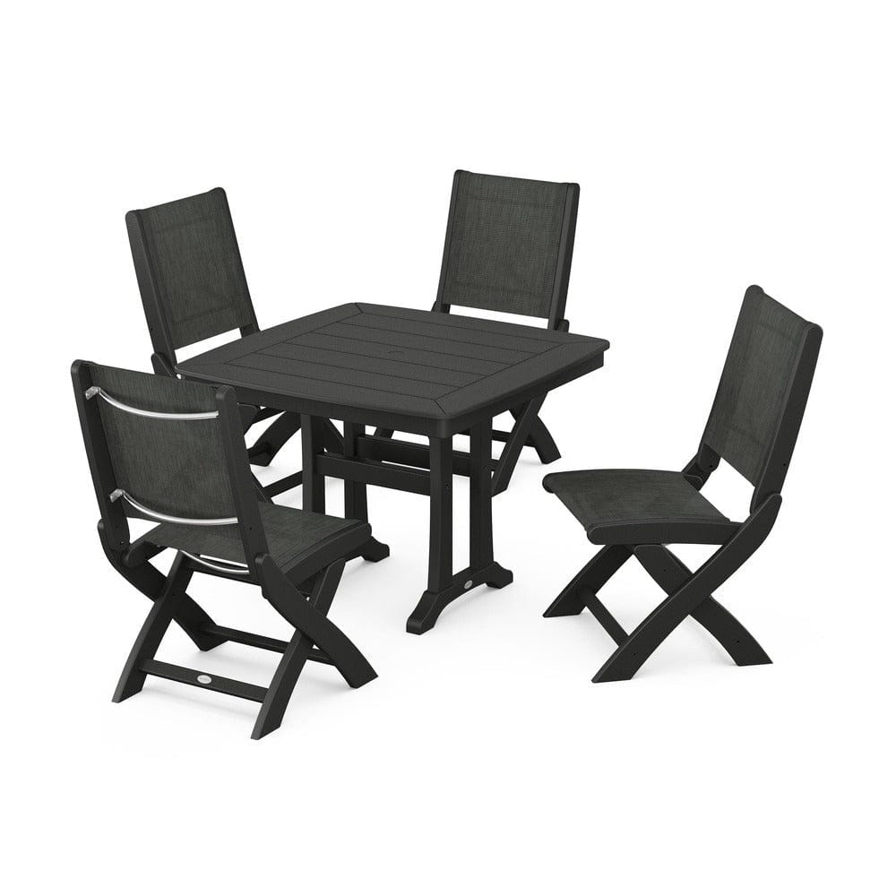 POLYWOOD® Outdoor Furniture Black / Ember Sling POLYWOOD® - Coastal Folding Side Chair 5-Piece Dining Set with Trestle Legs - PWS968