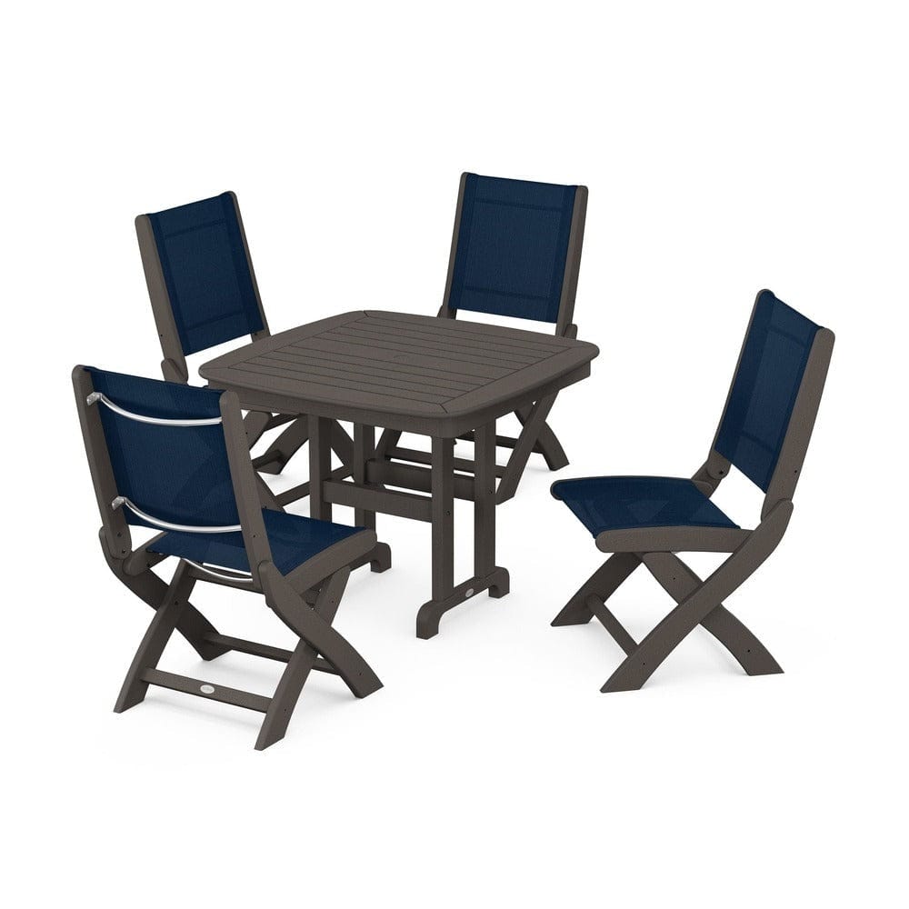 POLYWOOD® Outdoor Furniture Vintage Coffee / Navy Blue Sling POLYWOOD® - Coastal Folding Side Chair 5-Piece Dining Set - PWS1238