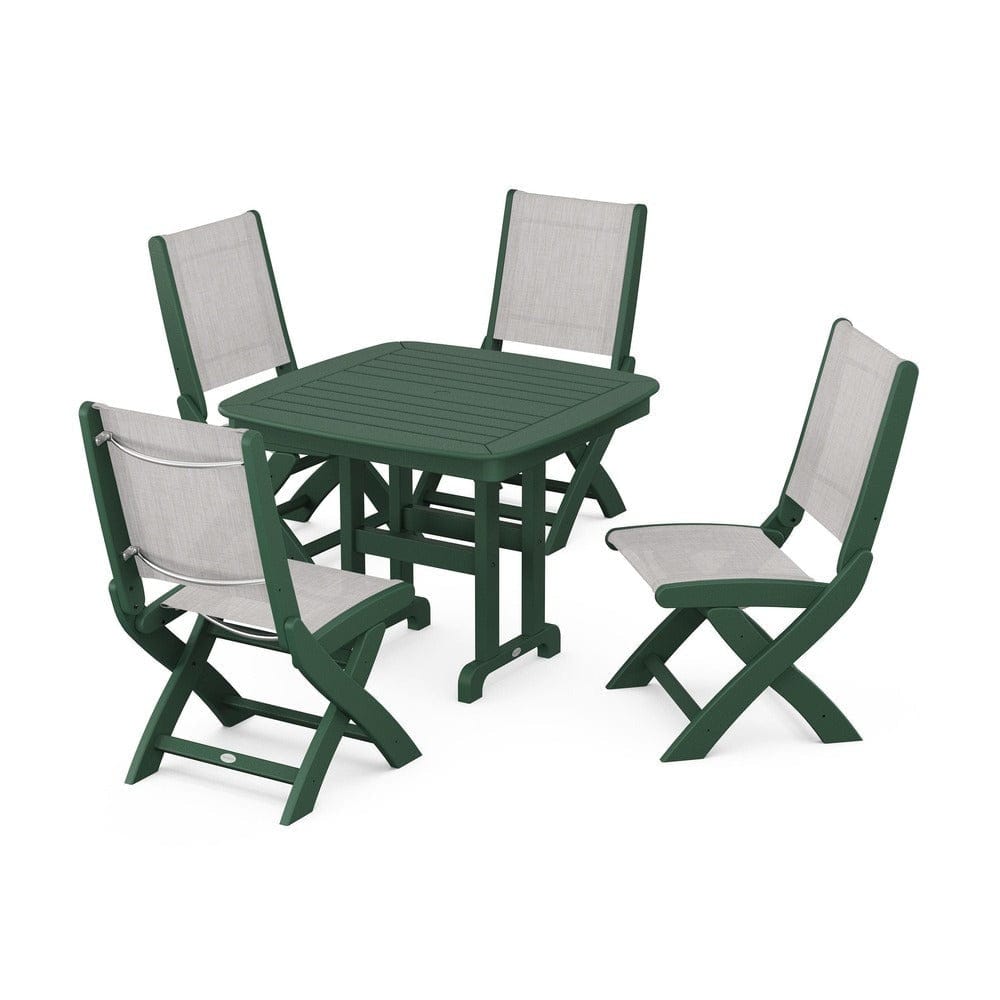 POLYWOOD® Outdoor Furniture Green / Parchment Sling POLYWOOD® - Coastal Folding Side Chair 5-Piece Dining Set - PWS1238