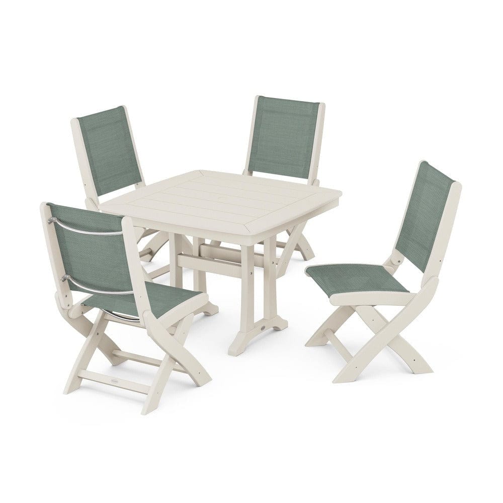 POLYWOOD® Outdoor Furniture Sand / Dupioni Sea Mist Sling POLYWOOD® - Coastal Folding Side Chair 5-Piece Dining Set with Trestle Legs - PWS968