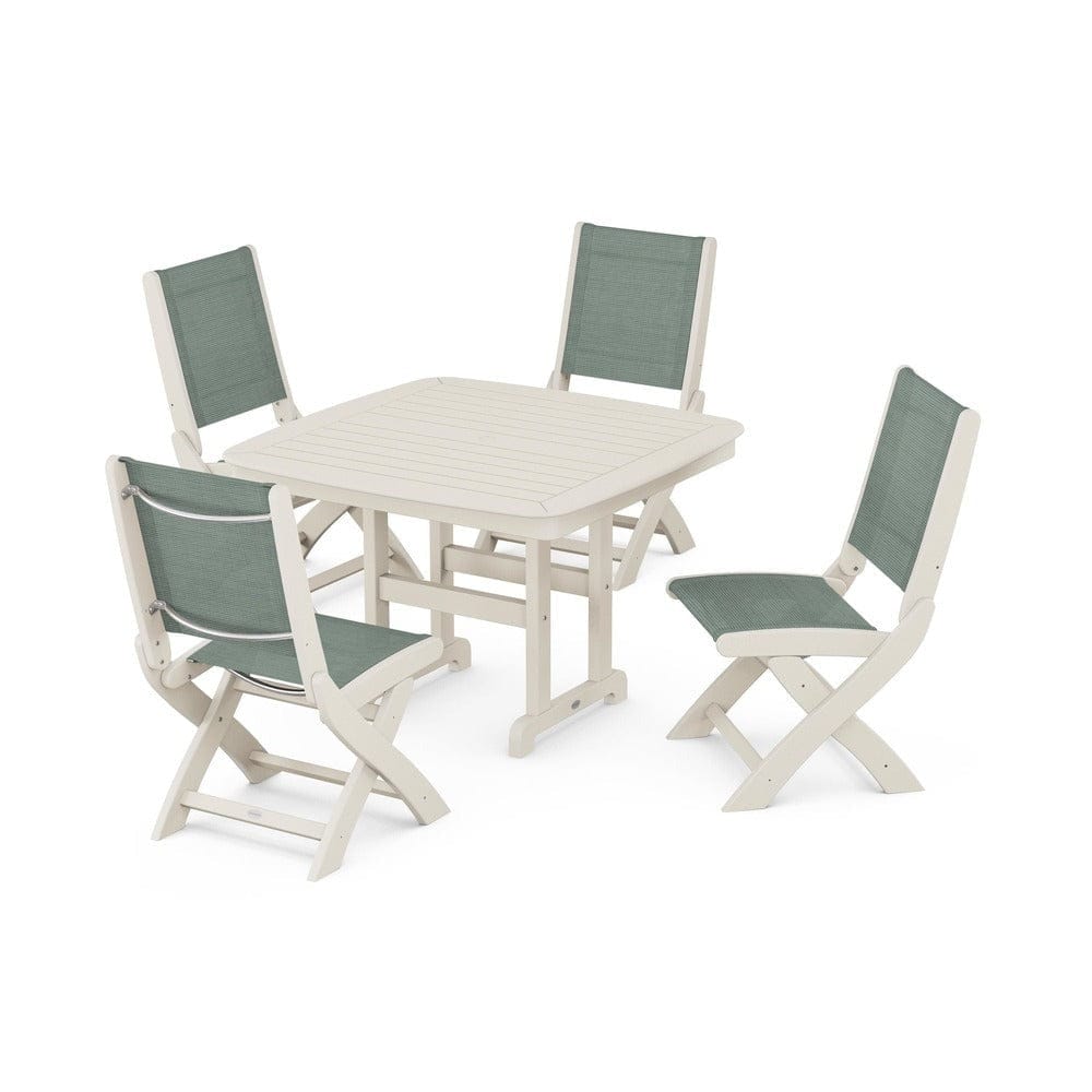 POLYWOOD® Outdoor Furniture Sand / Dupioni Sea Mist Sling POLYWOOD® - Coastal Folding Side Chair 5-Piece Dining Set - PWS916