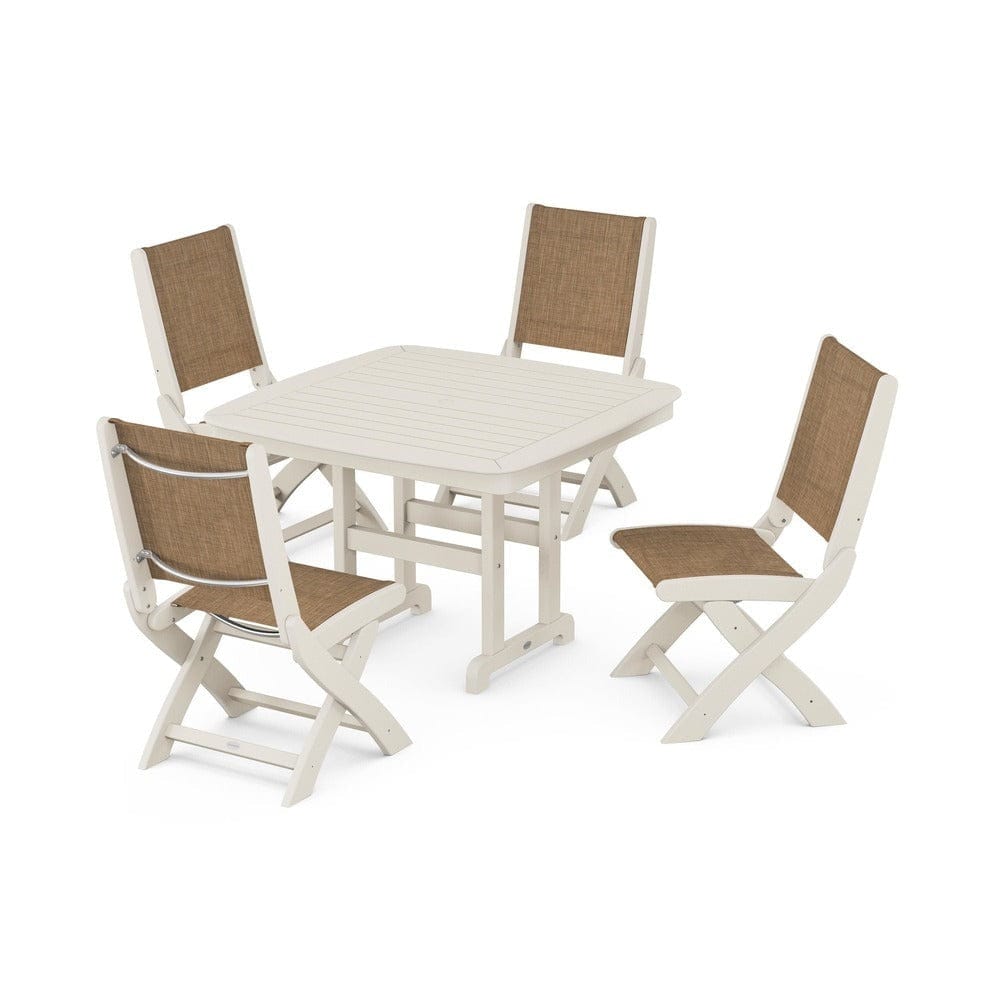 POLYWOOD® Outdoor Furniture Sand / Burlap Sling POLYWOOD® - Coastal Folding Side Chair 5-Piece Dining Set - PWS916