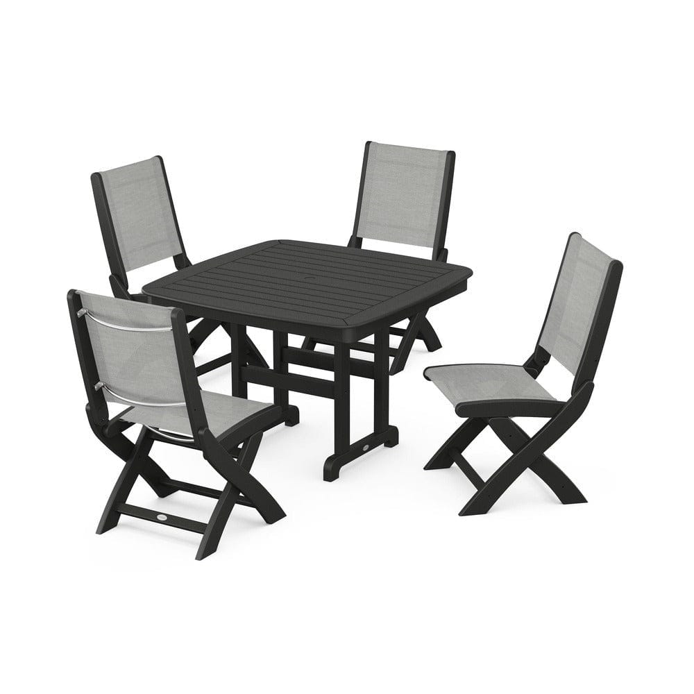 POLYWOOD® Outdoor Furniture Black / Metallic Sling POLYWOOD® - Coastal Folding Side Chair 5-Piece Dining Set - PWS916