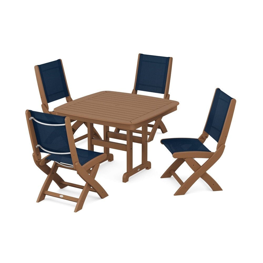 POLYWOOD® Outdoor Furniture Teak / Navy Blue Sling POLYWOOD® - Coastal Folding Side Chair 5-Piece Dining Set - PWS916