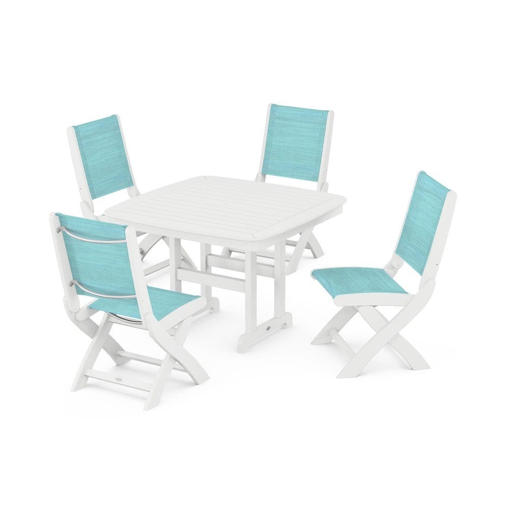 POLYWOOD® Outdoor Furniture White / Dupioni Aquamarine Sling POLYWOOD® - Coastal Folding Side Chair 5-Piece Dining Set - PWS916