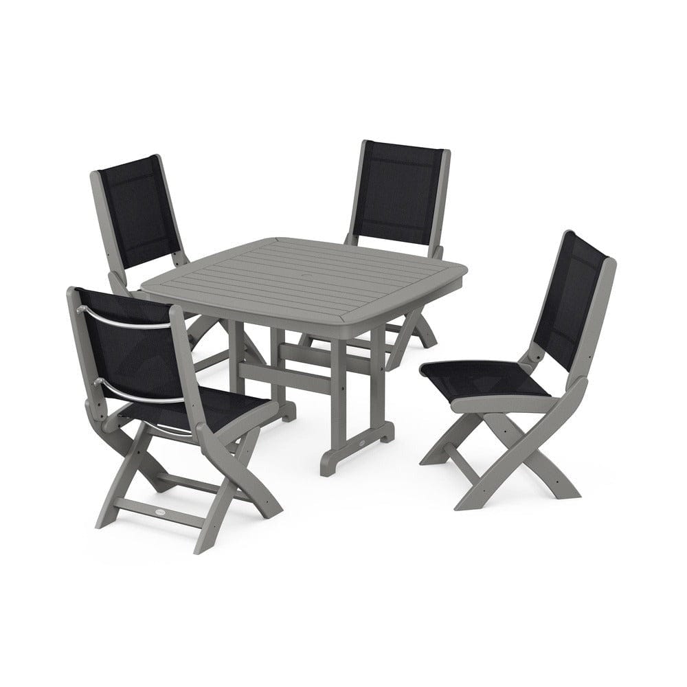 POLYWOOD® Outdoor Furniture Slate Grey / Black Sling POLYWOOD® - Coastal Folding Side Chair 5-Piece Dining Set - PWS916